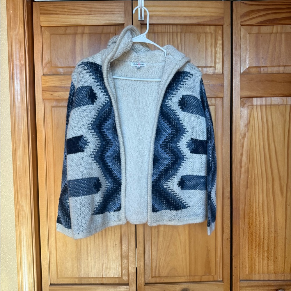 Woven Heart Blue Cream Southwestern Hooded Cardigan Faux Shearling Lined Small